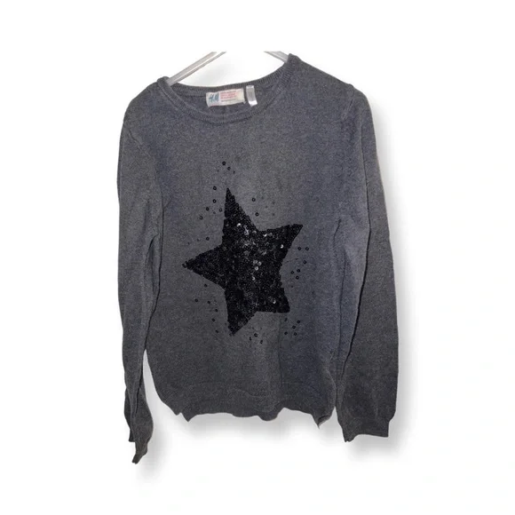 H&m US 8-10 Girls Long Sleeve Sweater Grey Gray With Black Sequin Star Detail - Picture 6 of 15